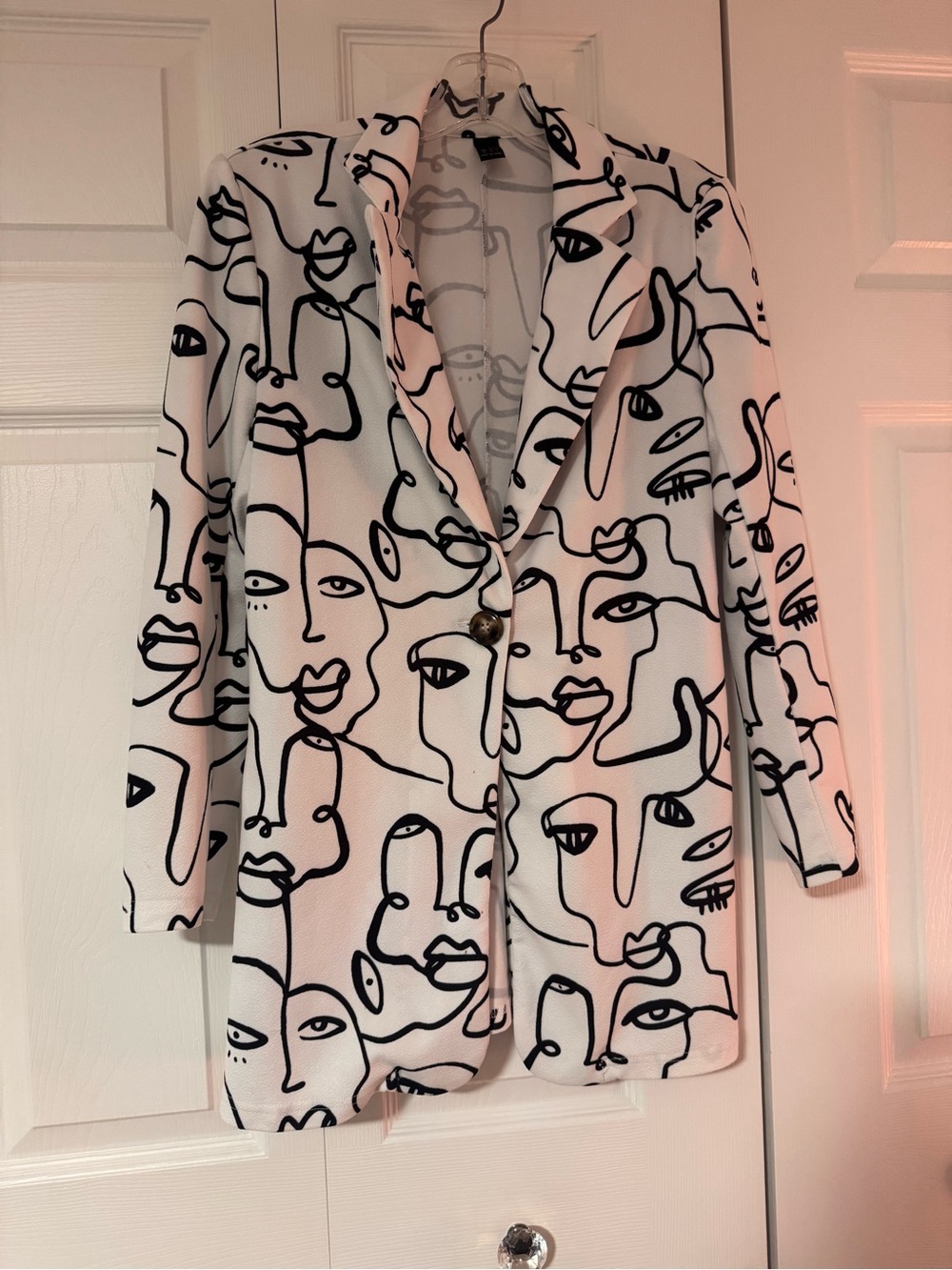 Abstract Face Print White Blazer